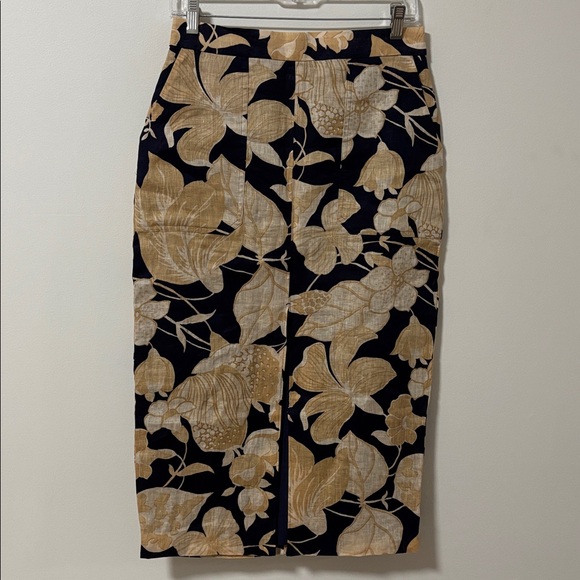 REISS (6) Floral Axelle Midi 100% Linen Skirt Front Slit Black Cream Slim Fit - Picture 3 of 15